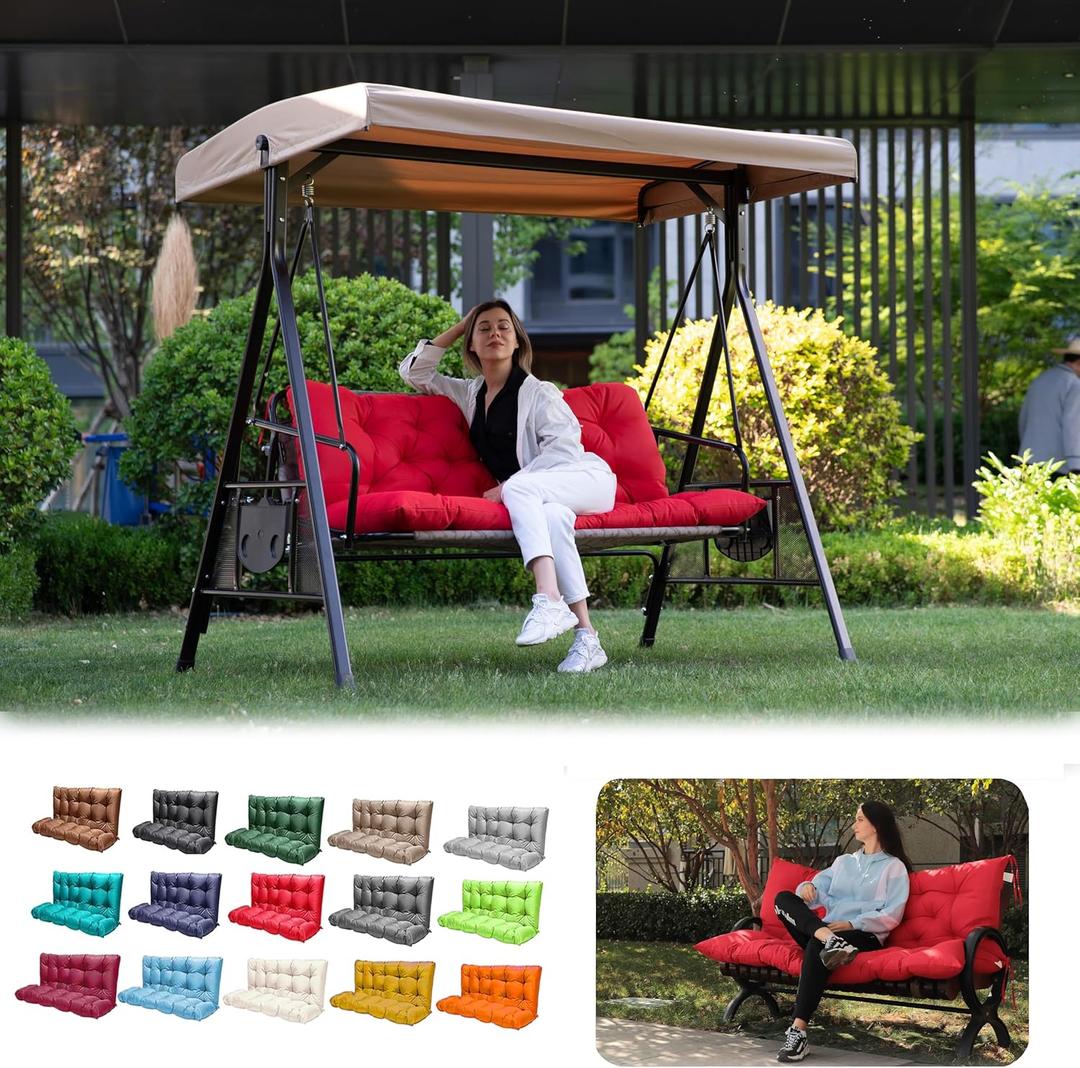 Porch Swing Cushions, Outdoor 3 Seats Swing Cushion Replacement Pad with Backrest, Waterproof Bench Cushion with Ties, for Porch,Garden,Backyard Furniture Patio Lounger (Red 60 * 40 in)