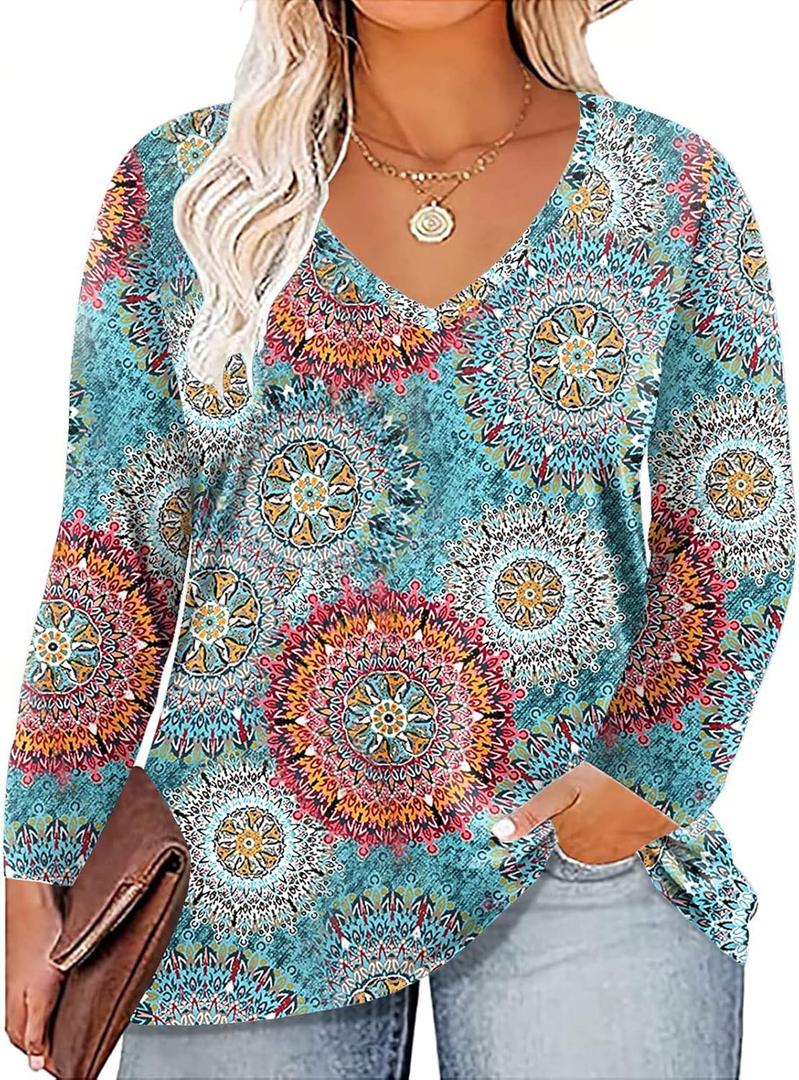 ROSRISS Plus Size Tops for Women Long Sleeve Tees V Neck Tunics Solid Color Blouse T Shirts (Zc_floral)