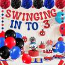 Spider Birthday Decorations with Swinging into 3 Banner Balloons Paper Pom Poms Foil Curtain Backdrop for 3 Years Old Kids Birthday Party