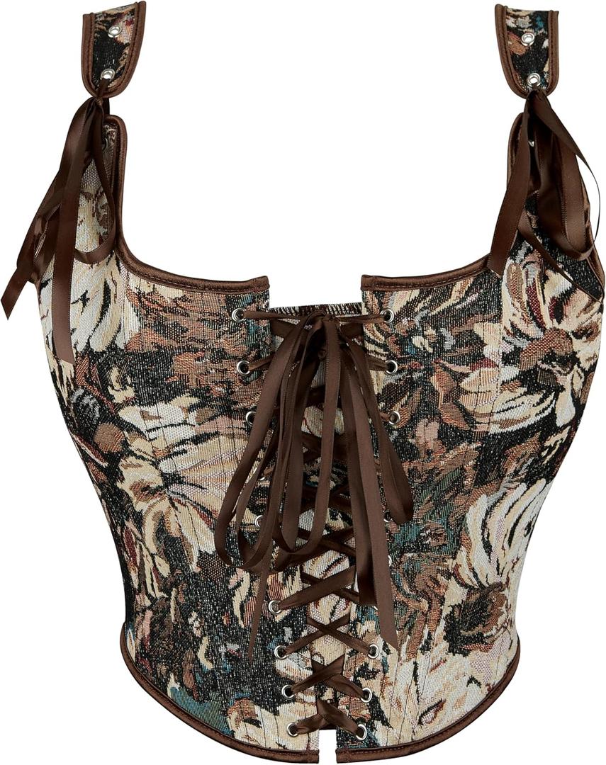 KorhLeoh Renaissance Corset Top for Women - Vintage Floral Bustier Lingerie Bodyshaper (Large, Black - Style 1)