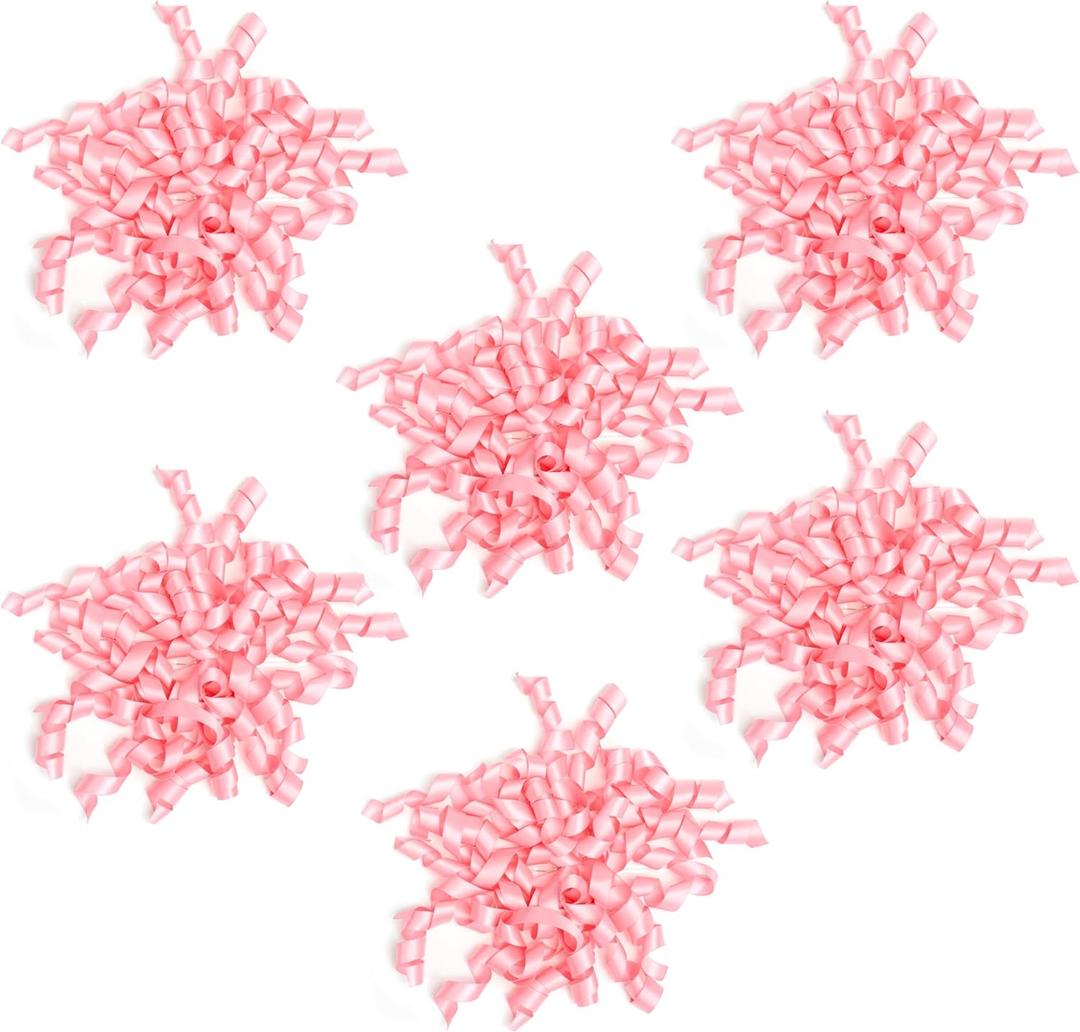 6 Inch Pink Curly Bows for Gift Wrapping Set of 6, Self Adhesive Bows Pink Gift Bows for Presents, Satin Ribbon Bows for Birthday, Wedding, Christmas, Bridal Shower, Gift Wrap Accessory