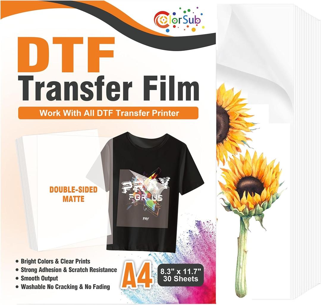 ColorSub DTF Transfer Film 30 Sheets A4 (8.3"x11.7") DTF Paper for Inkjet Printers, Double-Sided Matte Finish PET Transfer Paper Direct to T-Shirt