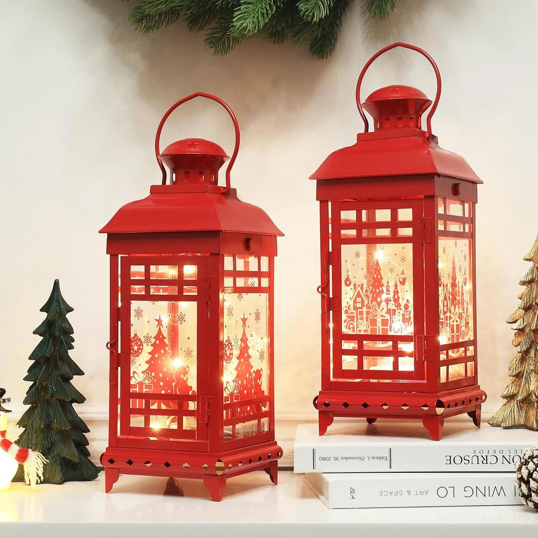 DECORKEY Christmas Lanterns Decorations Outdoor&Indoor, 2PCS Red Decorative Candle Lanterns with Christmas Tree & Gift Box Patterns for Home Porch Centerpiece Table Decor