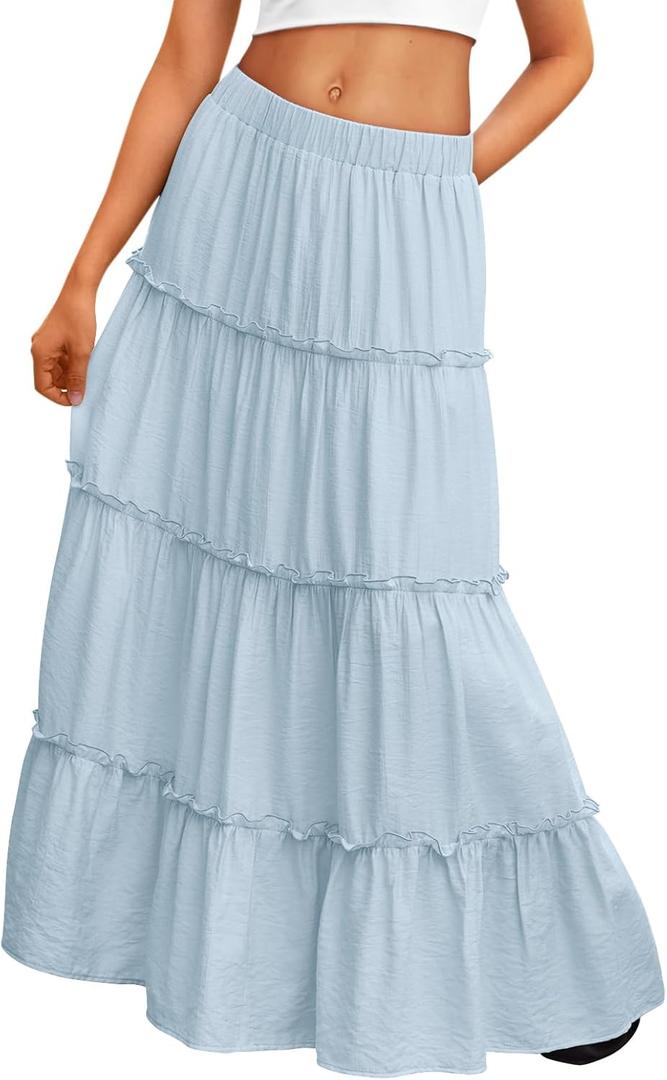 Trendy Queen Vacation Outfits Long Skirts for Women Boho Maxi Skirt Elastic High Waist Dress with Pockets Fashion (Blue)