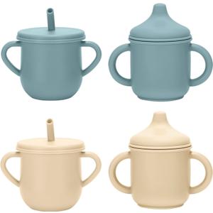 Silicone Toddler Cups Set, 2 Straw Cups and 2 Sippy Cups for 6+ Months Baby, Leakproof Spillproof Training Cups with Handles, Easy Clean (Blue+Beige), 3.6 inches x 3 inches