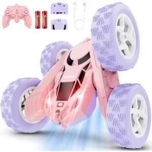 cosone Pink Purple RC Stunt Car for Kids | 360 Rotating Tricks, Double-Sided Driving, LED Lights, USB-C Rechargeable Battery, One-Click Demo