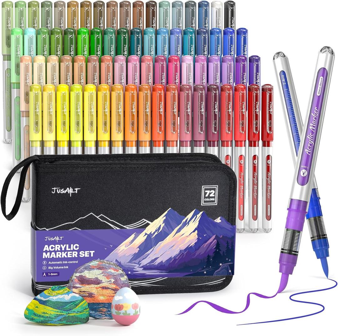 JusArt 72 Colors Acrylic Paint Markers with Canvas Bag, Water-Based No-Bleed Paint Pens with Automatic Ink Control, Waterproof Brush Tip Markers for DIY Art & Crafts -Fabric, Rock, Wood, Glass, Metal