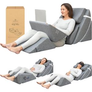 6pc Adjustable Orthopedic Wedge Pillow Set Relieve Acid Reflux, Snoring, Back Pain & Post-Surgery Discomfort (Grey)