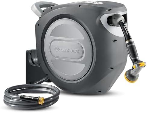 GLAHODEN Retractable Garden Hose Reel 5/8 in x 100 ft Metal Bracket, 2025 Upgraded Dual Ratchet Lock UV & Freeze Protection Brass Seal Slow Retraction Anti-Tangle Hose 180°Swivel