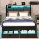 Aelawe Queen Bed Frames with Storage Drawer, Platform Bed with Charging Station and LED Lights, Upholstered Headboard with 2-Tier Storage Shelves, No Box Spring Needed