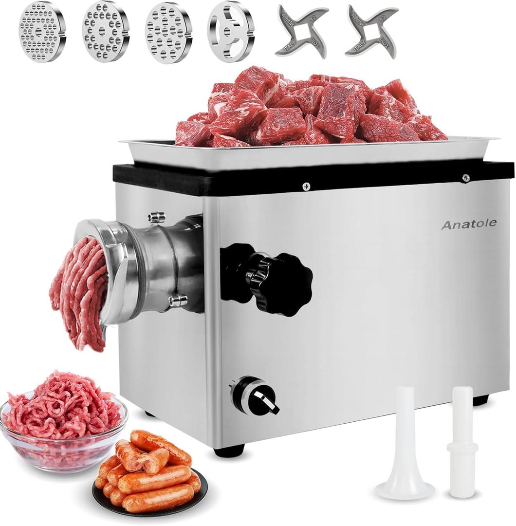 Anatole Commercial Electric Meat Grinder 1.3 HP 950 W Heavy Duty Meat Bones Mincer Stainless Steel Sausage Stuffer with 4 Grinding Plates 2 Blades for Restaurant Hotel 110V