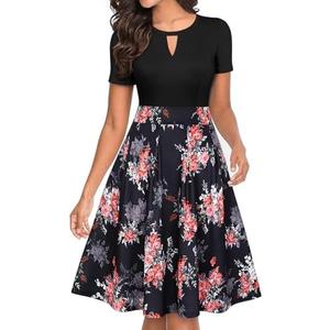 YATHON Women's Vintage Floral Flared A-Line Swing Casual Party Dresses with Pockets, Large