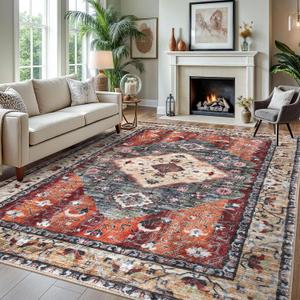 KOZYFLY Boho Area Rug 8x10 Ft Rugs for Living Room Washable Bedroom Rug Non Slip Rugs for Living Room Rust/Orange/Blue Printed Faux Wool Vintage Bedroom Rug Floor Carpet for Dining Room (8' x 10' (Rectangular))