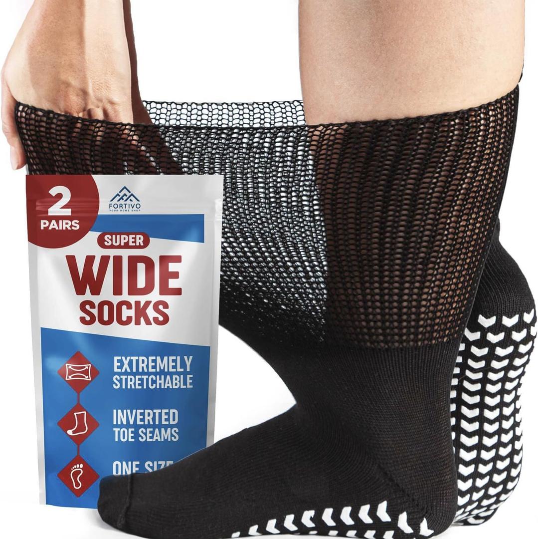FORTIVO 2 Pairs Extra Wide Socks For Swollen Feet, Non-Slip Hospital and Diabetic Socks for Men and Women (Black)