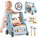 Giant bean 11-in-1 Wooden Baby Walker with Activity Center, Car Theme Montessori Walking Toy with Steering Wheel Tool Bench, Push Walker Speed Adjustable, Learning to Walk Gift for Toddler 1-6