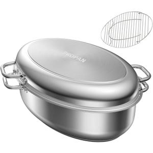 PROPAN Roasting Pan with Rack and Lid 12 Quart,18/10 Stainless Steel Multi-Use Oval Dutch Oven, Induction Compatible Dishwasher/Oven Safe Turkey Roaster,17 Inch