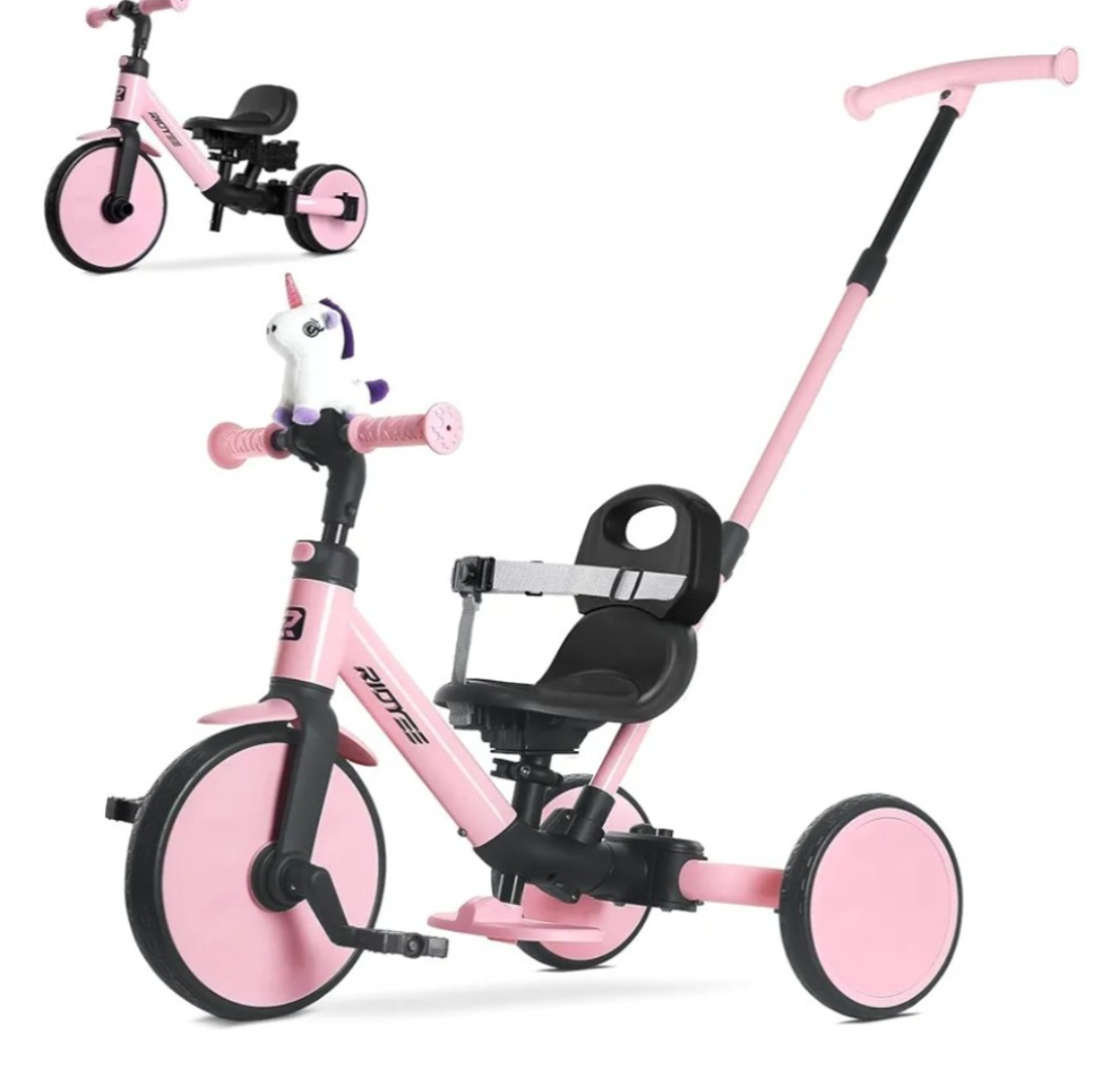 RIDYEE 5in1 Toddler Tricycle for Ages 1.5–3, Parent Steering Push Trike, ToolFree Convertible to Balance Bike, Safety Belt, Removable Backrest and Footrest, RideOn Toy for Boys & Girls, Pink