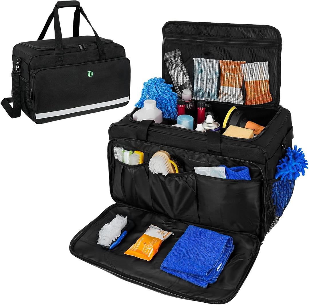 Extra Large Car Detailing Bag, Cleaning Caddy with Lid and Handle for Auto Detailing Supplies, Car Cleaning Storage Trunk Organizer for Polisher and Vehicle Wash Tools, Black (XL(21.3*12*13.2in))