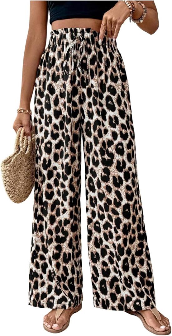 GORGLITTER Women's Wide Leg Cheetah Print Pants High Waist Leopard Animal Pants Casual Palazzo Trousers Outfits (Medium, Khaki)