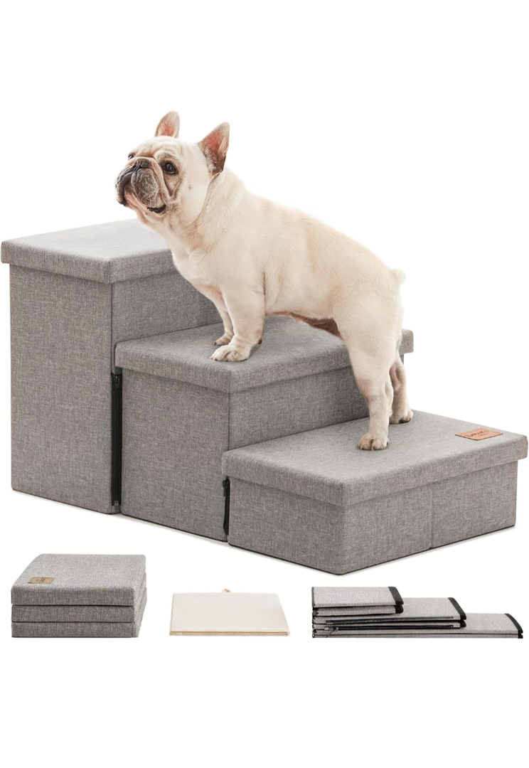 Love's cabin Dog Stairs for High Bed 18"H,Foldable Pet Stairs for Small Medium or Large Dogs Puppy with Storage for Bed or Couch, Cat Dog Steps Ramp with Zip up to 200 lbs(Solid Grey,3 Steps no Condo)
