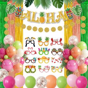 Hawaiian Luau Party Decorations Aloha Birthday Supplies Tropical Theme Decor with Foil Fringe Curtains Fun Paper Glasses Latex Balloon Garland Kit Summer Beach Photo Booth Props