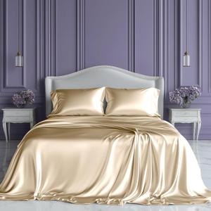 SLEEP SANCTUARY Satin Sheets King Size  4 Piece Luxury Silky Bed Set, Softer Than Silk, 15" Deep Pocket, Cooling & Wrinkle-Free, Moisture-Wicking & Breathable for Hair & Skin (Ivory)