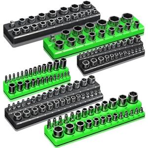 Magnetic Socket Organizer Holder Set For Tool Box Drawer, Toolbox Organization Including 1/4", 3/8" and 1/2" Drive Metric SAE Socket Trays (Sockets are not Included) (Green+Black)