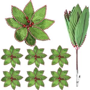 6 Pcs Green Peppermint Edge Christmas Poinsettia Stem 10.24 x 3.94 Inch Silk Velvet Artificial Fake Poinsettia Flowers Blooms for Christmas Trees and Holiday Decorations