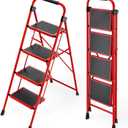 KINGRACK Step Ladder, Folding Ladder with Non-Slip and Wide Pedal, Small Ladders with Handle, Heavy Duty Steel Ladder, Lightweight Step Ladder (Red, 4 Step Ladder)