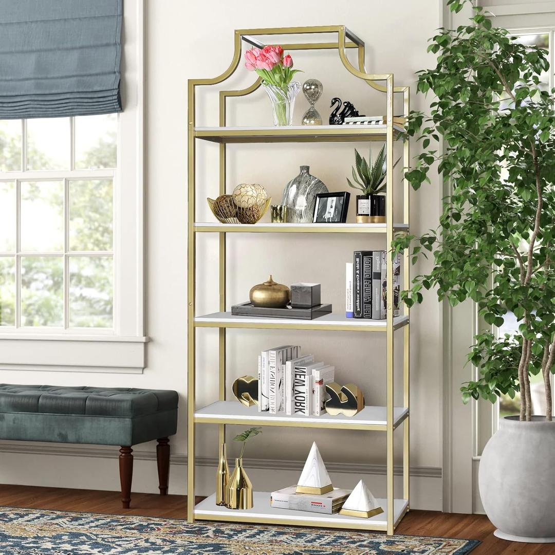 TooCust 5-Tier Gold Bookcase, 29.5" Lx70.6 H, Bookshelf for Bedroom, Gold Book Display Shelf, Arched Bookcase, Organizer Rack for Living Room, Freestanding Display Shelf