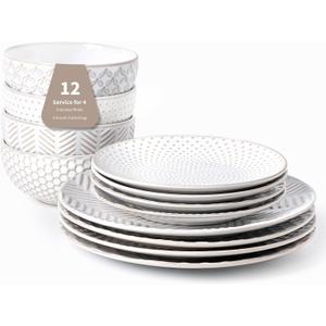 12 Piece Embossed Dinnerware Sets for 4, Elegant Plates and Bowls Sets, Microwave & Dishwasher Safe, Stoneware for Stylish Home DiningPerfect Housewarming Gift for Busy Families & Hostesses (Service for 4 (12pcs), Mixed Embossment)