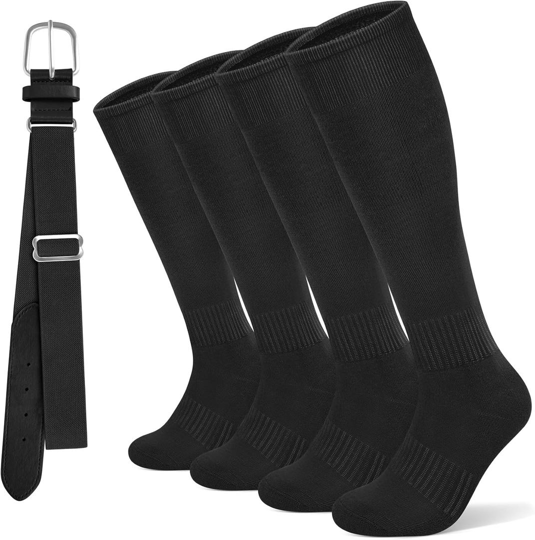 YSense Knee High Baseball Socks for Youth, Softball Soccer Calf Tube Socks & Belt Combo Set for Boys Girls Women Men Sports (Black) Small