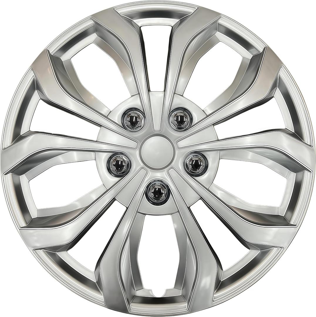 Premium Universal Hubcaps 15 inch, Compatible with Steel Wheels, Set of 4 (Silver)