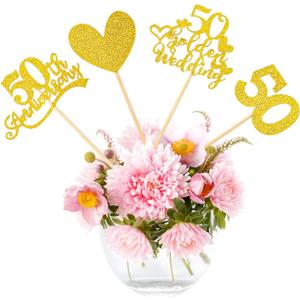 ElevateTech 50th Anniversary Centerpiece Sticks 48 Pcs Double Sided Gold Glitter 50th Wedding Anniversary Centerpieces for Tables Flower Table Toppers for Cheers to 50 Years Wedding Party Decorations