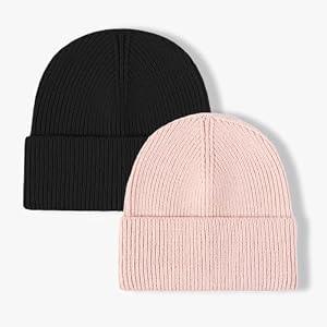 ZOORON 1&2 Unisex Thick Knitted Beanie for Men Women Cuffed Plain Hat Winter Slouchy Ski Beanies Black/ Pink