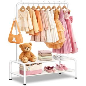 Kids Clothing Rack - Dress Up Clothes Rack - Baby Toddler Closet - Mini Freestanding Coat Racks with 2 Fabric Shelves - Small Kids Costume Wardrobe - Garment Rack for Hanging Clothes Organizer