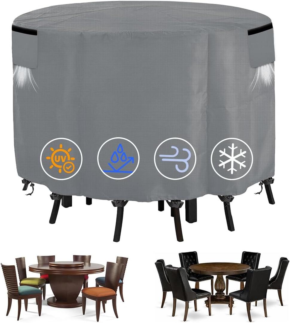 Round Table Chair Set Covers, Outdoor Patio Round Table Covers Waterproof with Windproof Buckles and Elastic Drawstring, Patio Furniture Covers Waterproof, 62" Dia X 28"H (Gray)