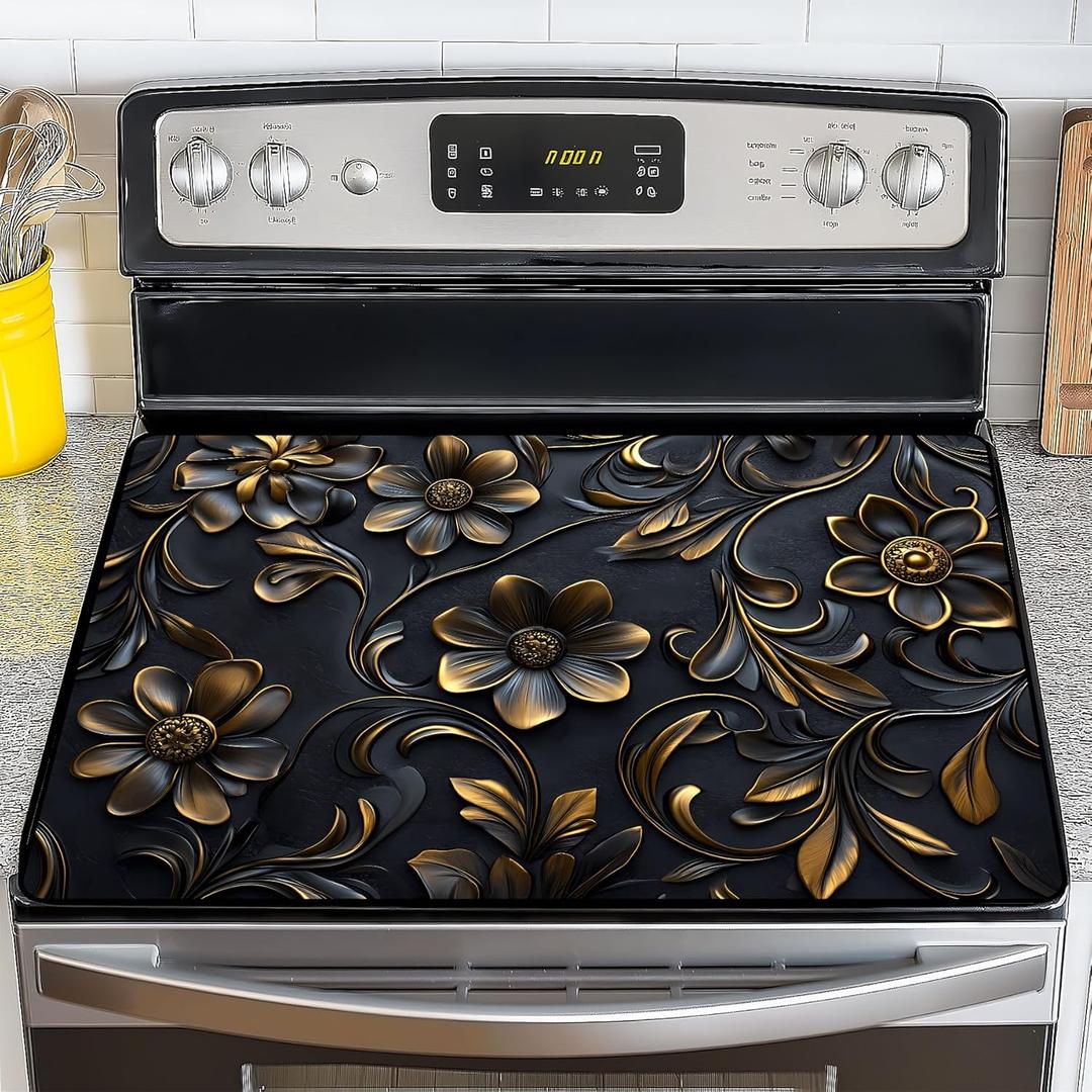 NYZE Stove Cover for Electric and Glass Stove Tops 3-in-1 Stove Mat, Heat Resistant Counter Protector Mat, Non-Slip Surface & Drying Rack (Black Flowers, 28.5"Lx20.5"W)