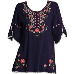 Mexican Shirts Peasant Blouses Cotton Embroidered 3/4 Sleeve Bohemian Tops Boho Clothes for Women Summer Fiesta (Navy Blue)