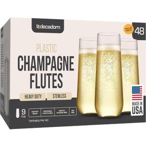 DECADORN Clear Stemless Champagne Flutes Plastic 48 Pack - 9oz Plastic Champagne Glasses - Durable and Sturdy Mimosa Glasses For Parties - Shatterproof, Recyclable, BPA-Free, Smooth Rims.