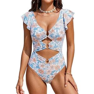 B2prity Women One Piece Swimsuit Tummy Control Ruffle Sleeve V Neck Bathing Suit Cutout Sexy High Waisted Monokini Orange Floral, XL