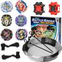 Battle Arena Burst Tops Set with 17.8 Inch Large Stadium, 6 Spinning Tops with Two Launchers, Complete Battle Set (Grey)