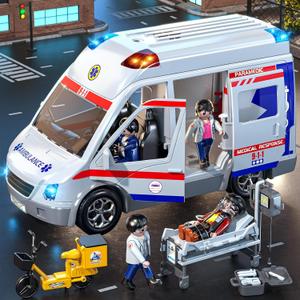 Play Ambulance Toy for Kids 3 4 5 6 7 8 Years Old - Friction Powered Truck with Light and Sound, Carrier Vehicle with Figures Toys, Gifts for Boys Girls Age 3-12