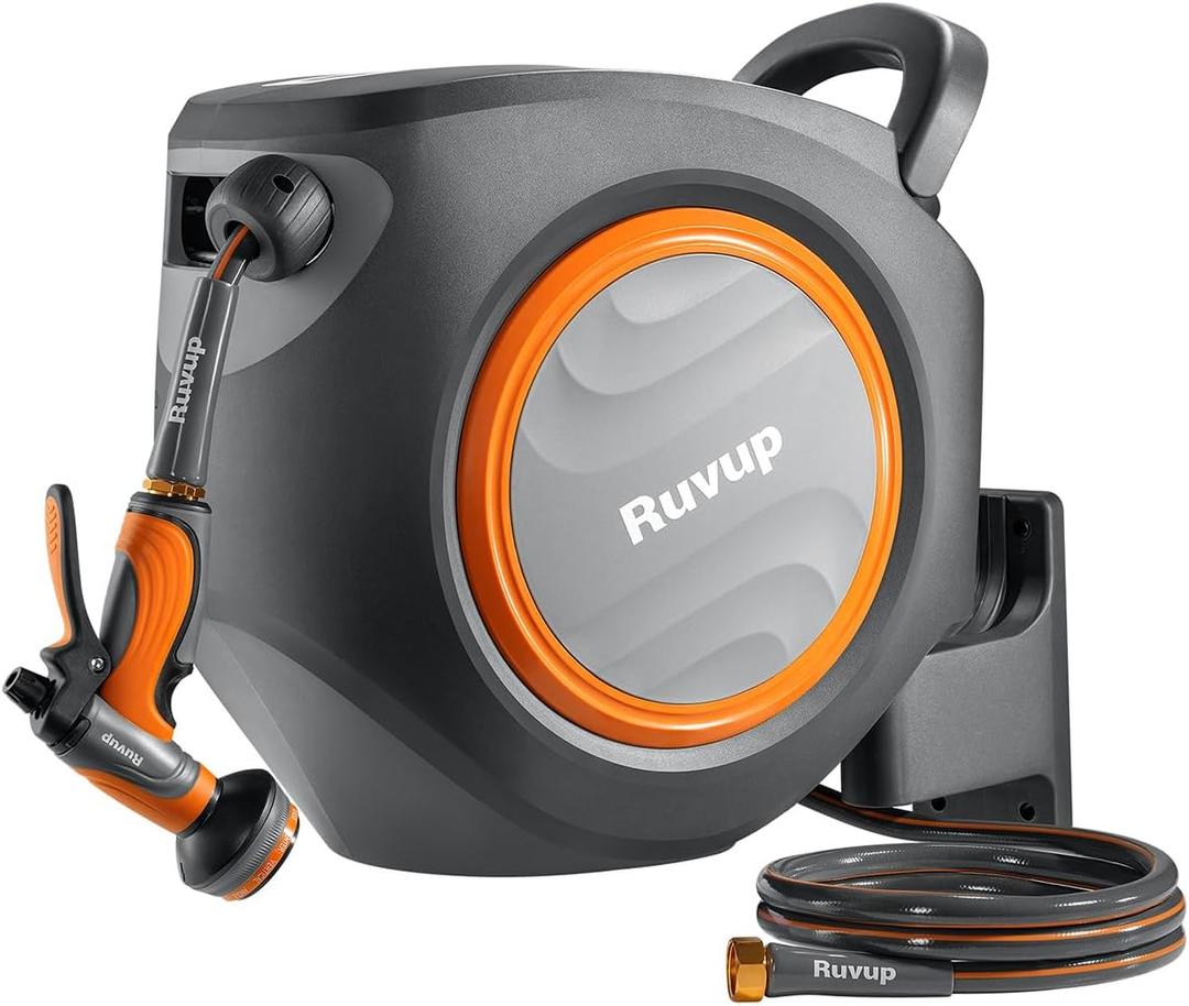 Ruvup Retractable Garden Hose Reel with Metal Bracket, 5/8in x 100ft+6.5ft Water Hose Reel, UV Resistant Automatic Hose Reel Wall Mount for Outside, Slow Retraction Any Length Lock 10 Spray Nozzle
