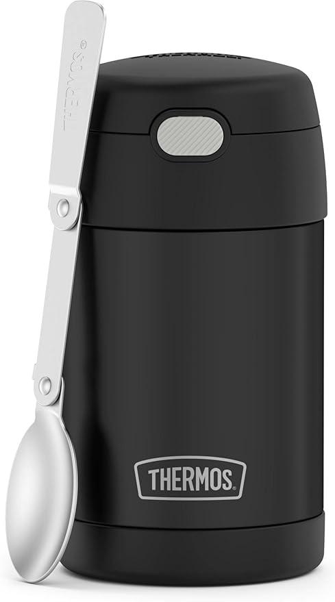 THERMOS FUNTAINER Insulated Stainless Steel Food Jar, 16 Ounce, Kids Lunch with Foldable Spoon, PushButton Lid, Matte Black