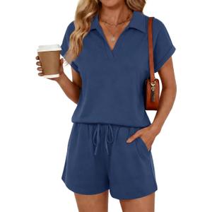 Yousify 2 Piece Sets for Women Cap Sleeve V Neck Lapel Tops and Drawstring Shorts Summer Casual Outfits Sleepwear 2026, 2XL