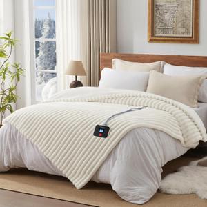 Westinghouse Electric Blanket Full Size, Super Cozy Luxury Faux Fur & Sherpa Heated Blanket with 10 Heating Levels & 1-12 Hours Auto Off, Fast Heating Blanket, Machine Washable, 80x 84 Inch, Beige (Ivory Stripe)