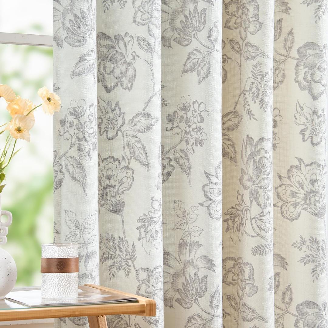 jinchan Floral Curtains Burlap Look Curtain 84 Inch Long Faux Linen Taupe Flower Patterned Drapes for Living Room Light Filtering Farmhouse Curtain Rod Pocket Window Curtains for Bedroom 2 Panels