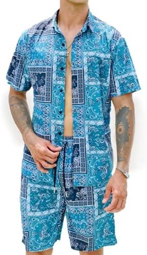 CAALEIS Men’s Summer 2 Piece Set – Short Sleeve Button Shirt & Drawstring Shorts Paisley Print Beachwear,small