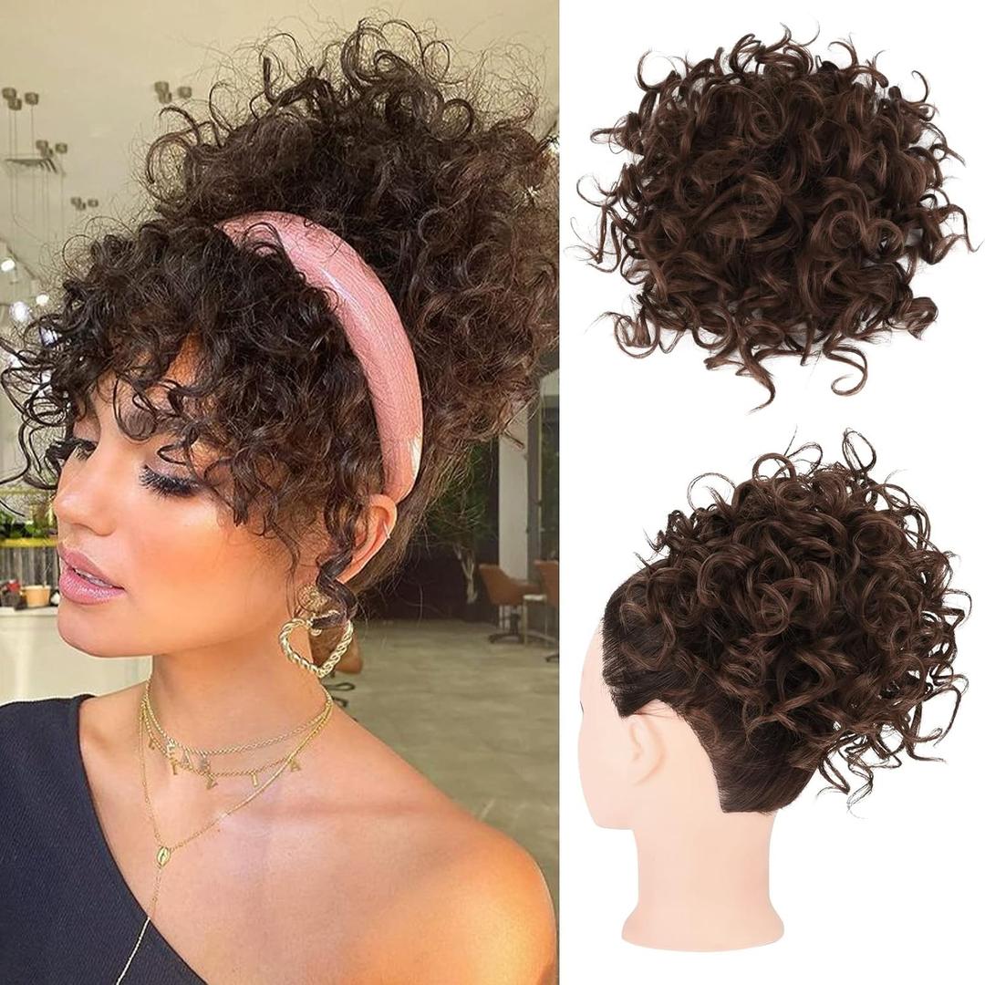 HOOJIH Curly Hair Bun, Elastic Drawstring Loose Wave Messy Bun 1PC Large Full Hair Bun Extension Hairpiece Short Synthetic Ponytail Extension for Women - Medium Cool Beige Brown